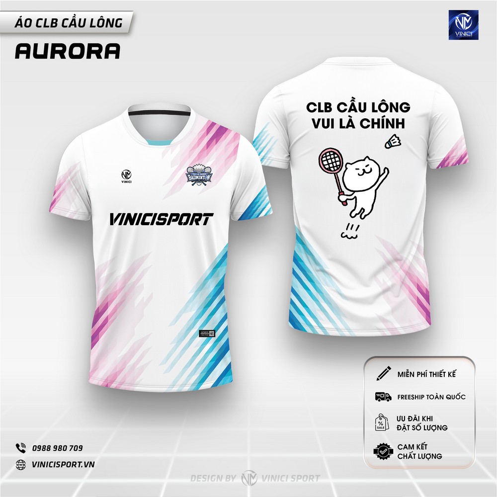 áo cầu lông thiết kế aurora hình mèo đánh cầu nền trắng pastel