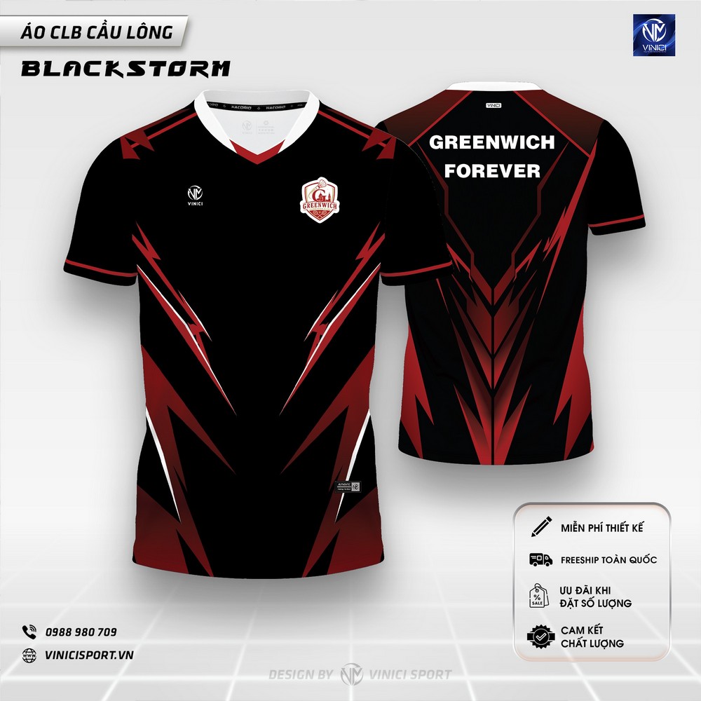 áo cầu lông thiết kế blackstorm đen đỏ họa tiết lôi điện