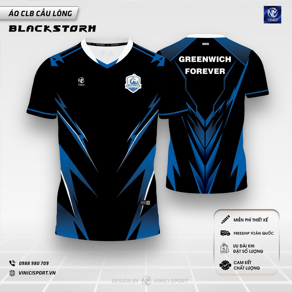 áo cầu lông thiết kế blackstorm đen xanh bích cho clb
