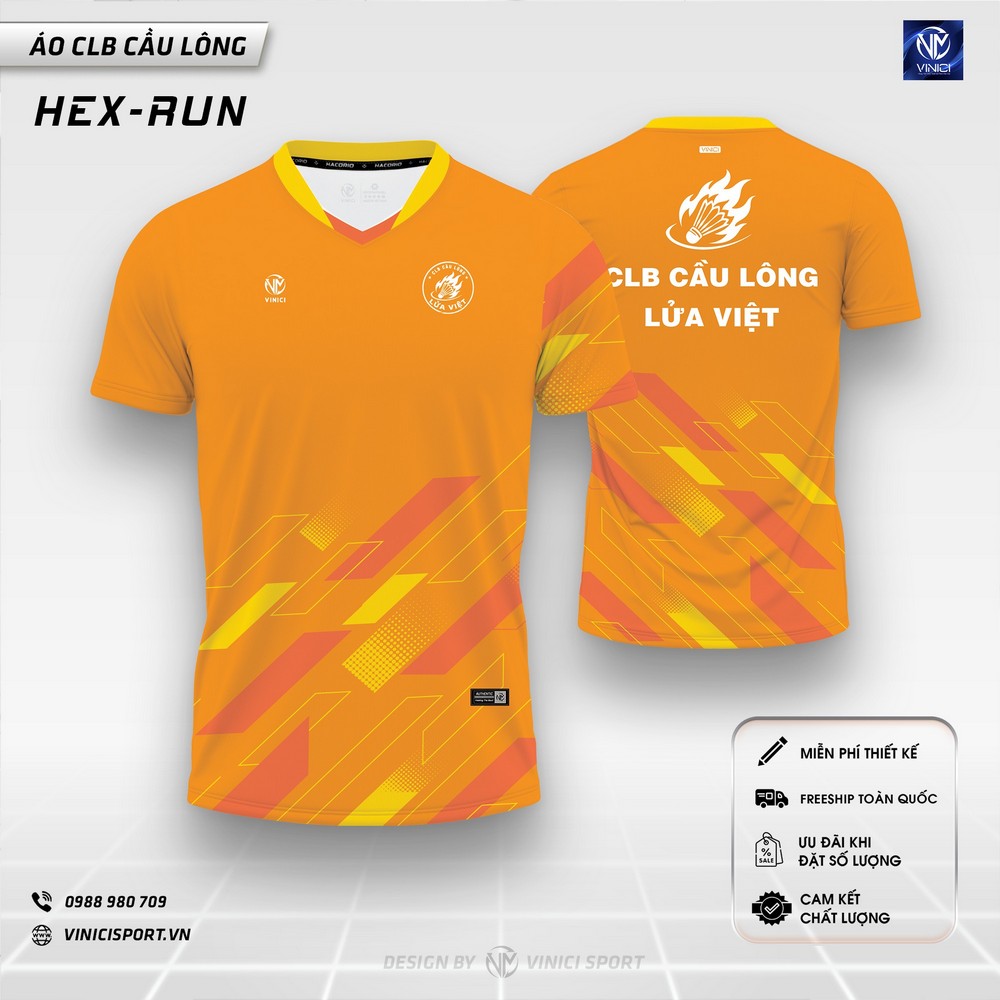 Áo cầu lông thiết kế VINICI HEX-RUN màu cam phối vàng đỏ