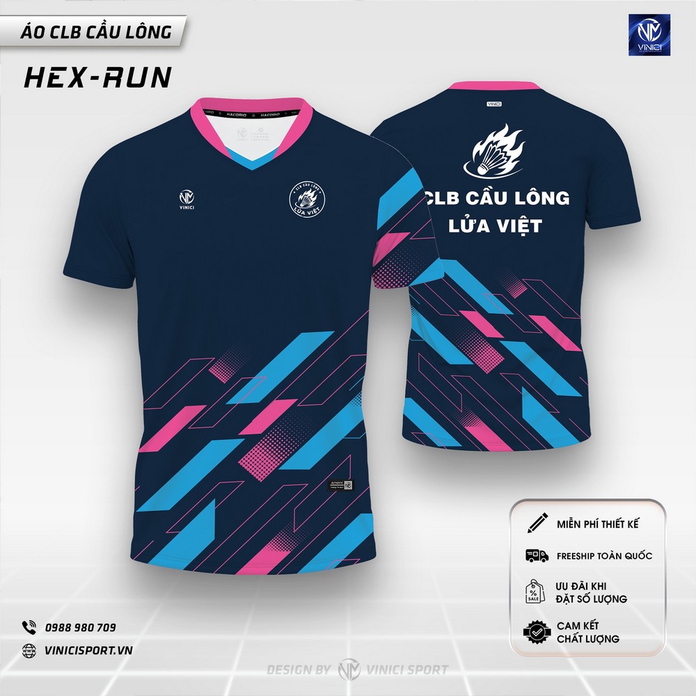 Áo cầu lông thiết kế VINICI HEX-RUN màu tím than phối xanh hồng