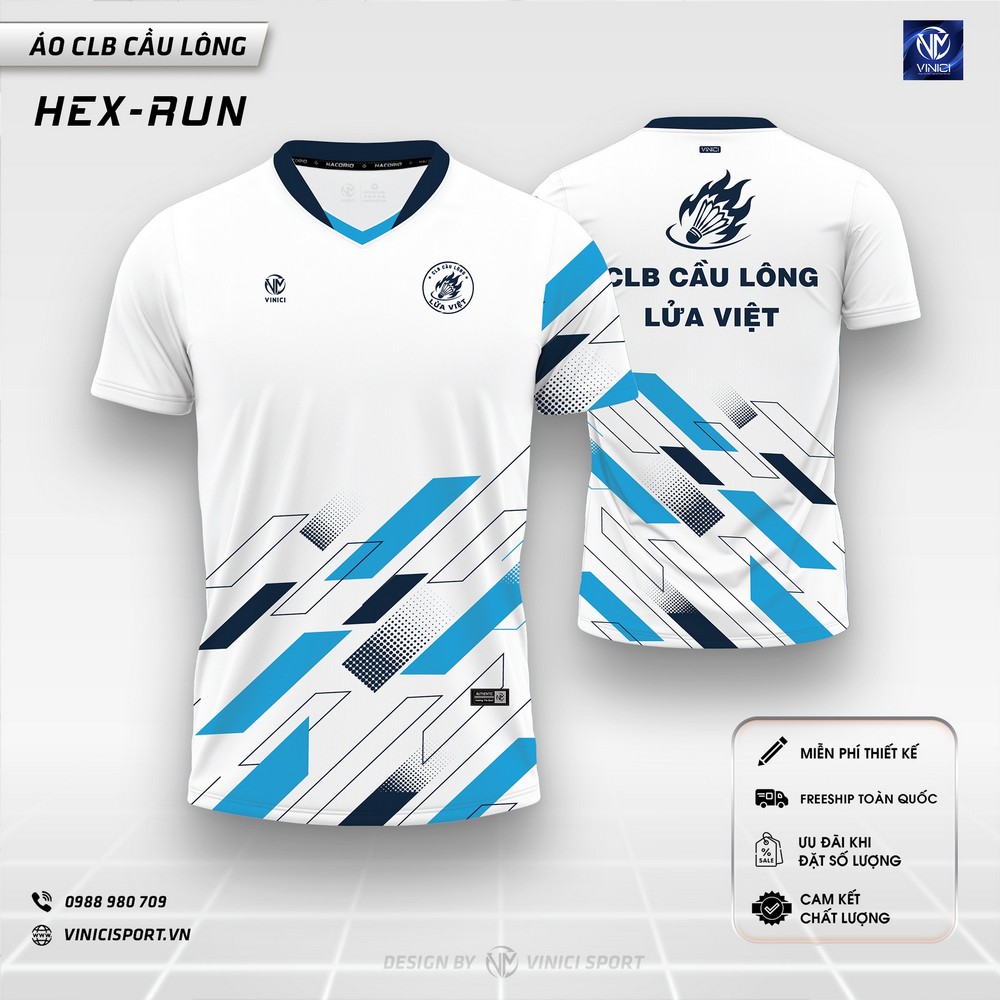 Áo cầu lông thiết kế VINICI HEX-RUN màu trắng phối xanh navy