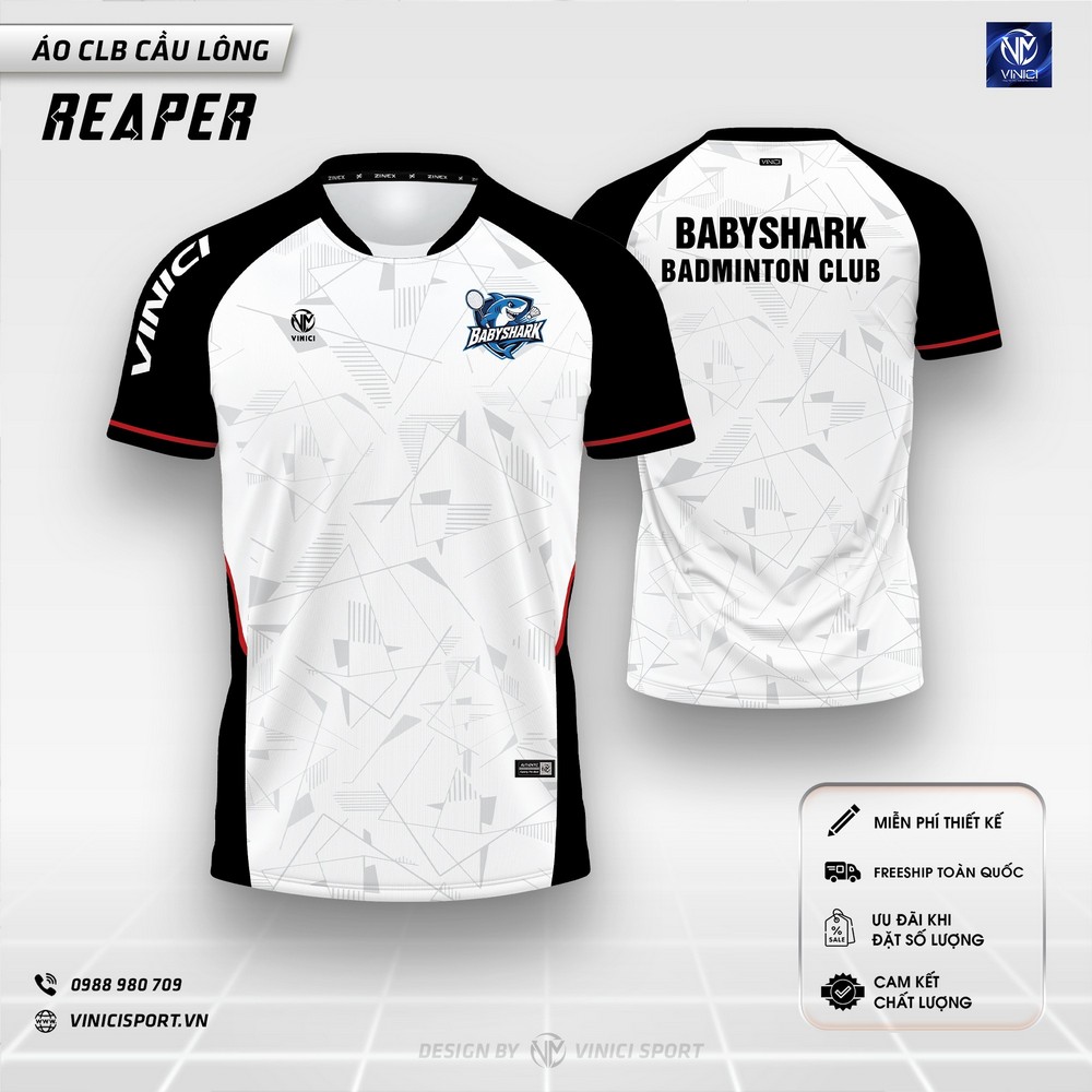áo cầu lông thiết kế reaper trắng đen điểm đỏ