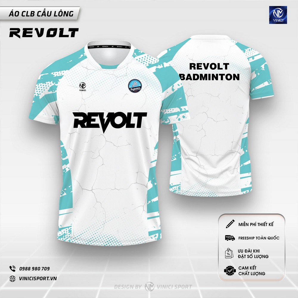 Áo cầu lông thiết kế REVOLT trắng xanh mint phong cách hiện đại