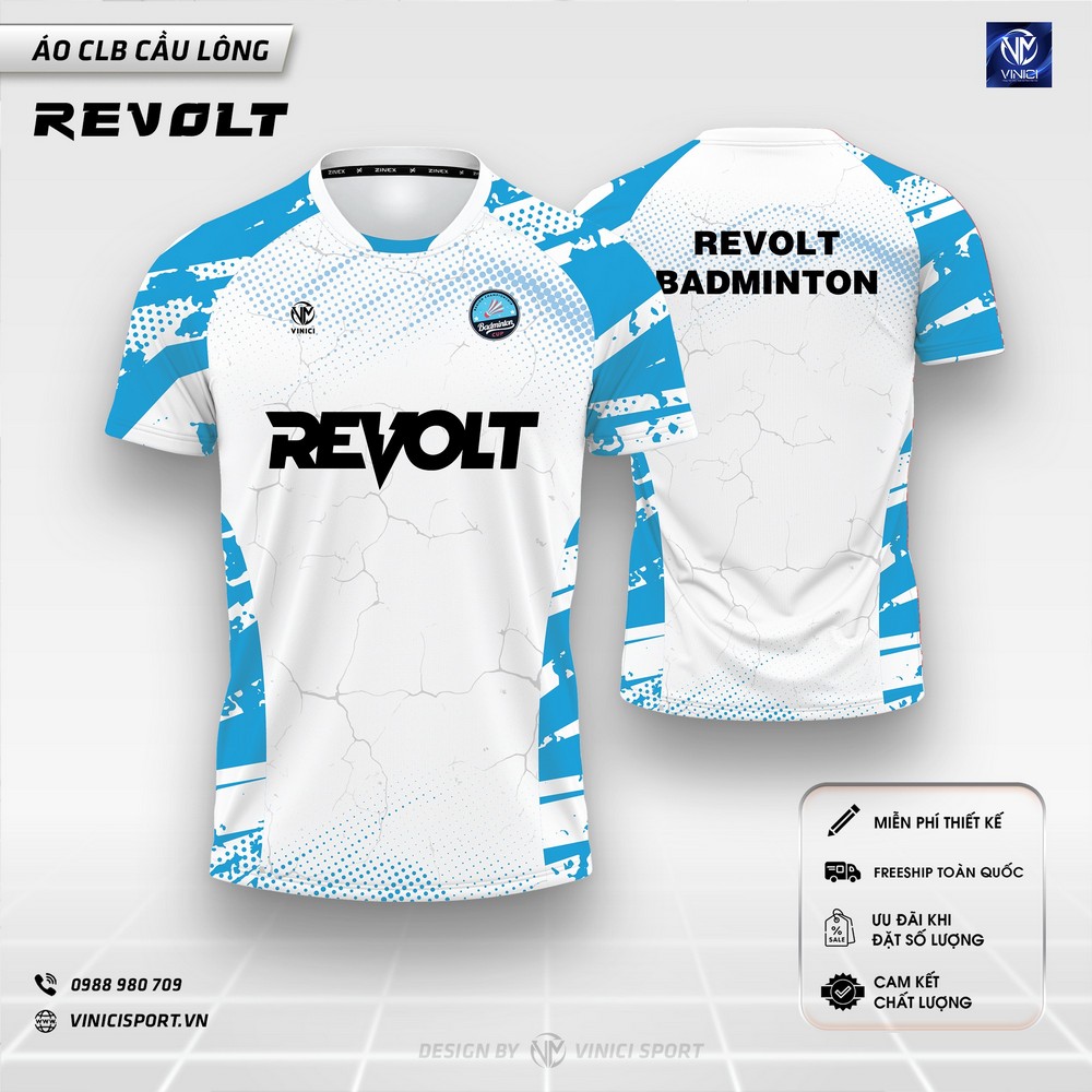 Áo cầu lông thiết kế REVOLT trắng xanh dương thể thao