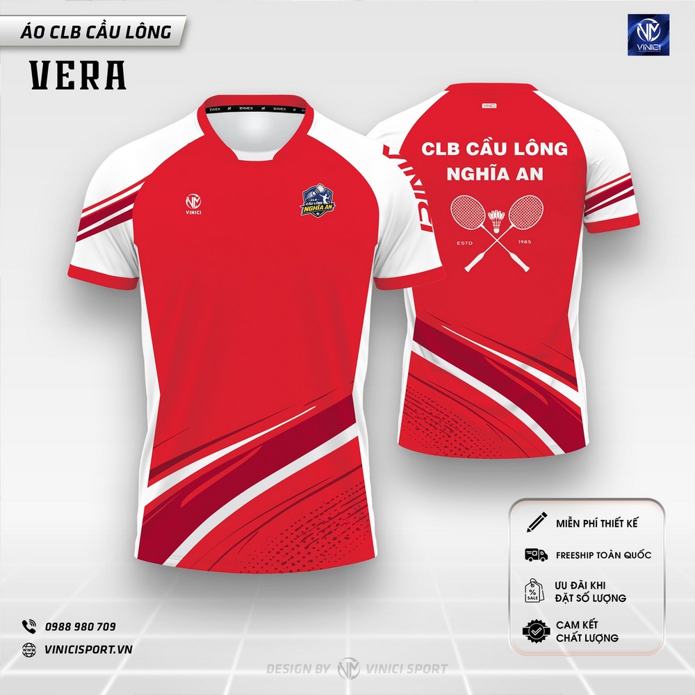 áo cầu lông thiết kế vera đỏ trắng tay raglan