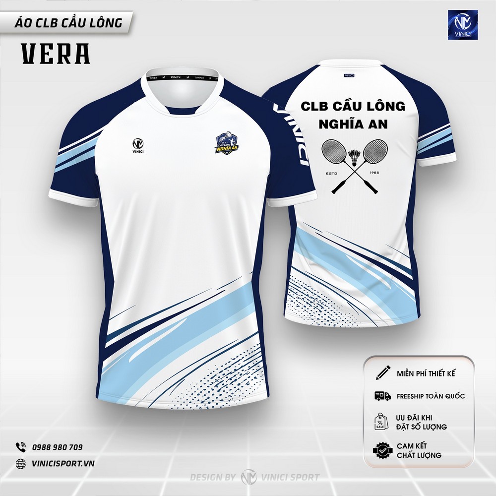 áo cầu lông thiết kế vera trắng navy xanh nhạt